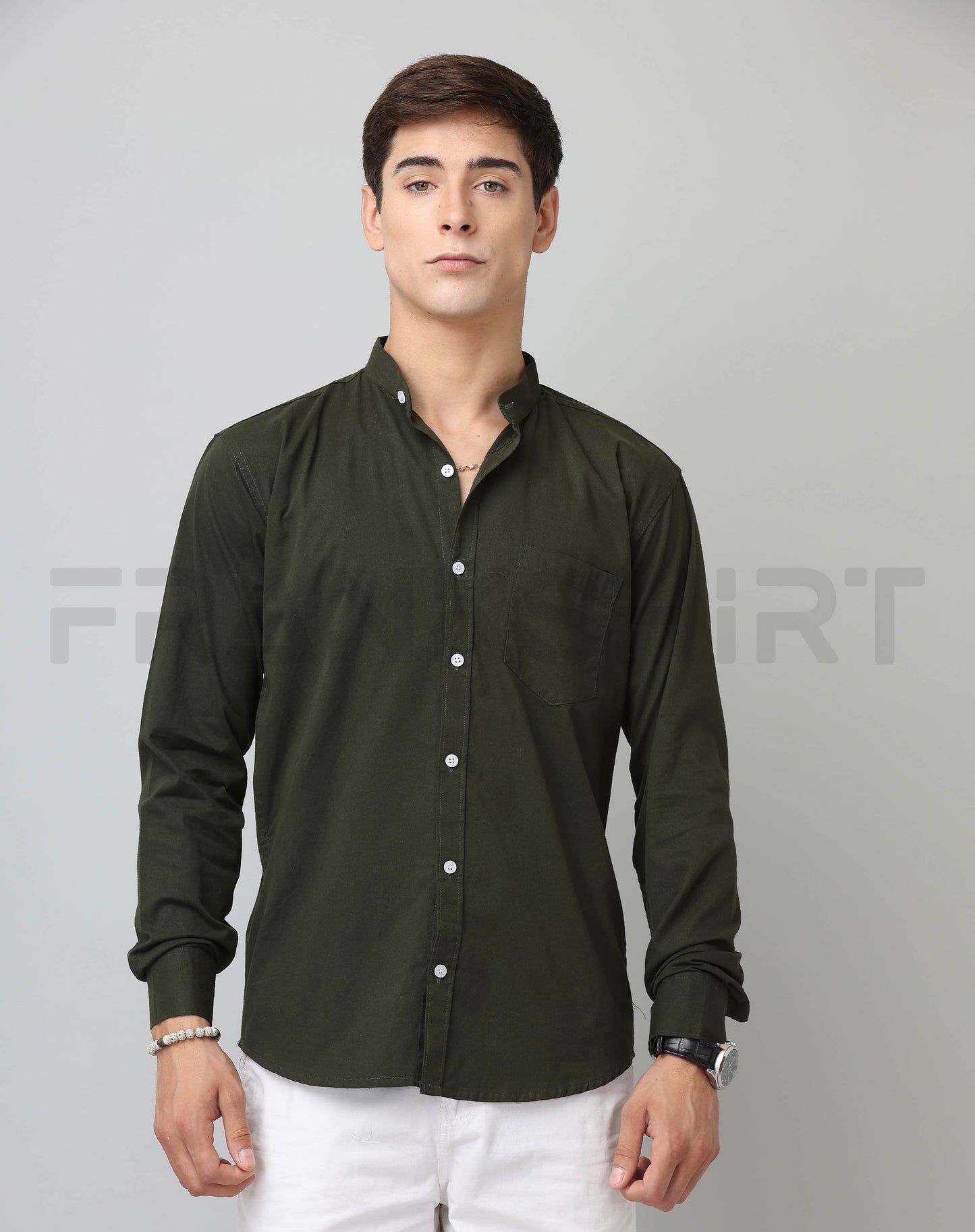 Frankshirt Chinese Collar Bottle Green Tailored Fit Cotton Casual Shirt for Man - Frankshop.in