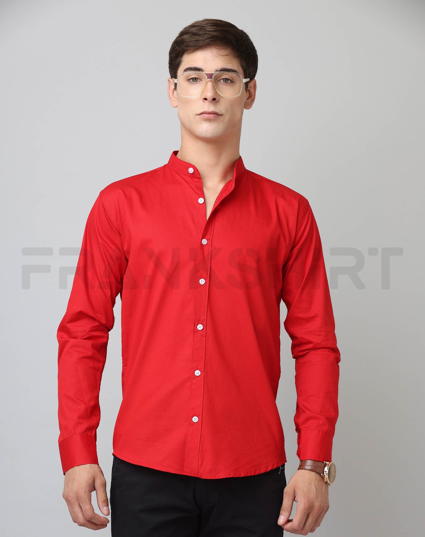 Frankshirt Chinese Collar Red Tailored Fit Cotton Casual Shirt for Man - Frankshop.in