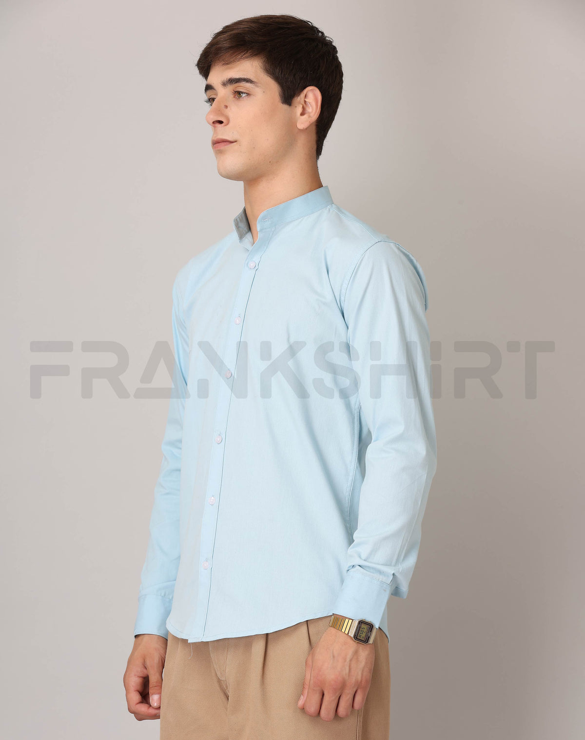 Frankshirt Chinese Collar Light Blue Tailored Fit Cotton Casual Shirt for Man - Frankshop.in