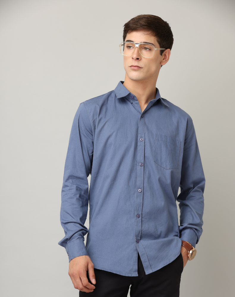 Frankshirt Blue Solid Tailored Fit Cotton Casual Shirt for Man - Frankshop.in