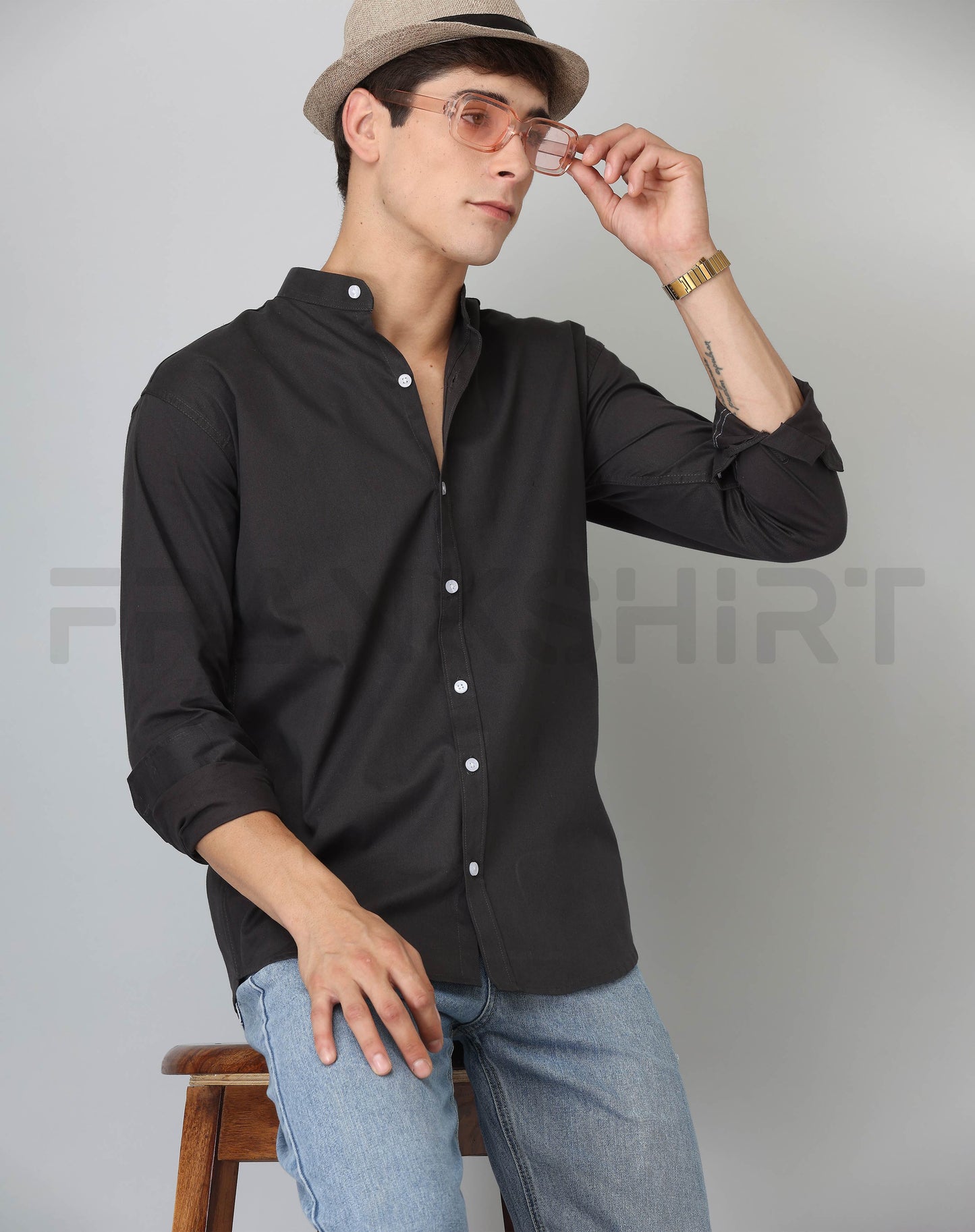 Frankshirt Chinese Collar Black Solid Tailored Fit Cotton Casual Shirt for Man - Frankshop.in