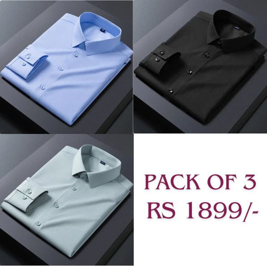 Three cotton shirts in sky blue, black, and pista color are displayed in a collage format with a label indicating a pack of three for Rs. 1899.