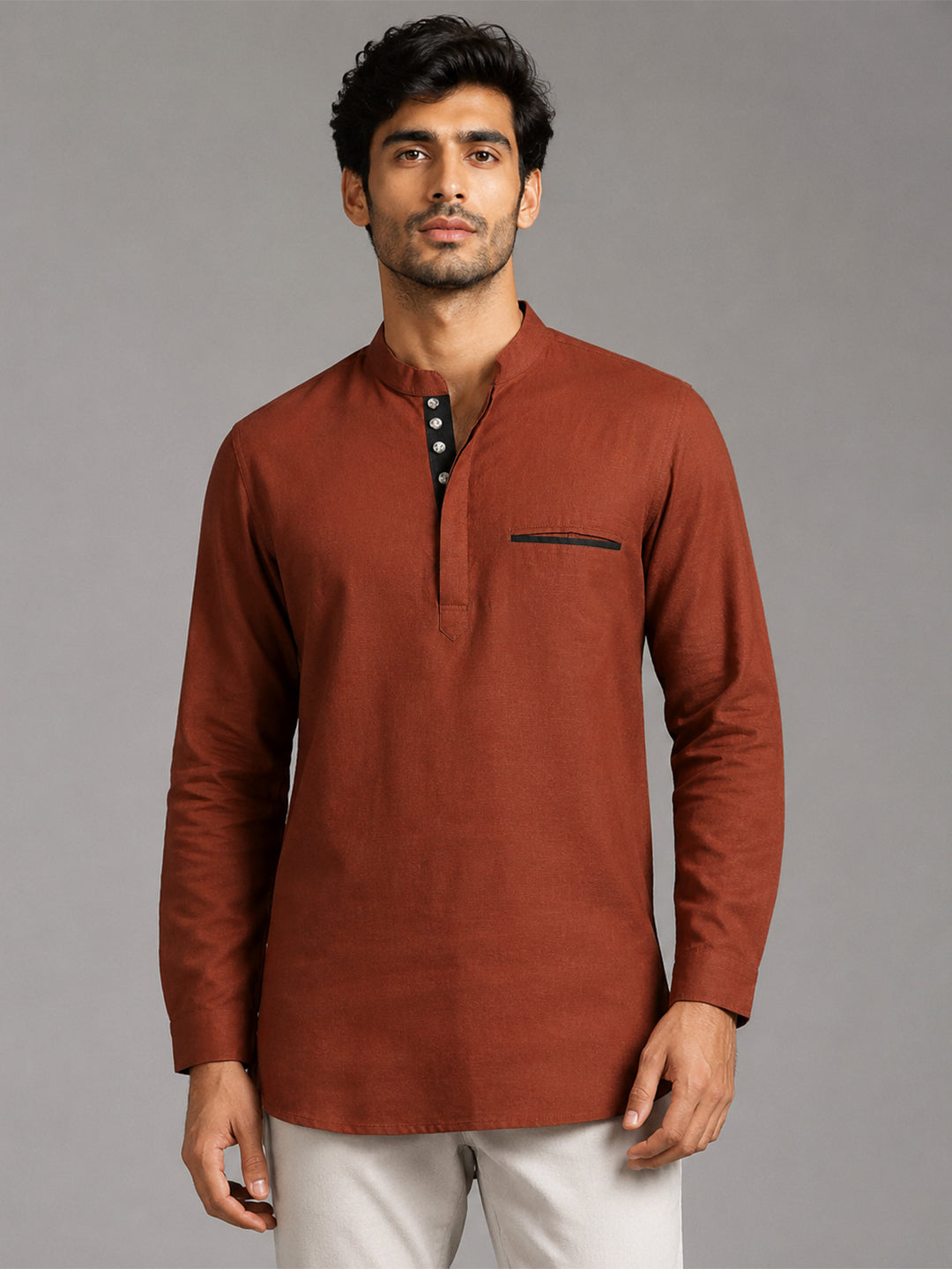 Urban Fit Maroon Short Linen Kurta For Men