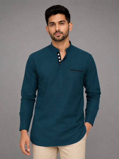 Urban Fit Royal Blue Short Linen Kurta For Men