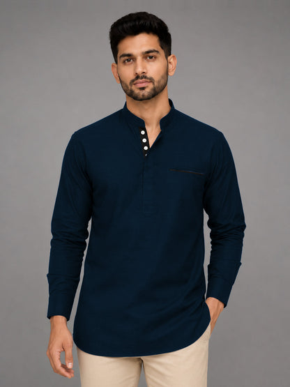 Urban Fit Navy Blue Short Linen Kurta For Men