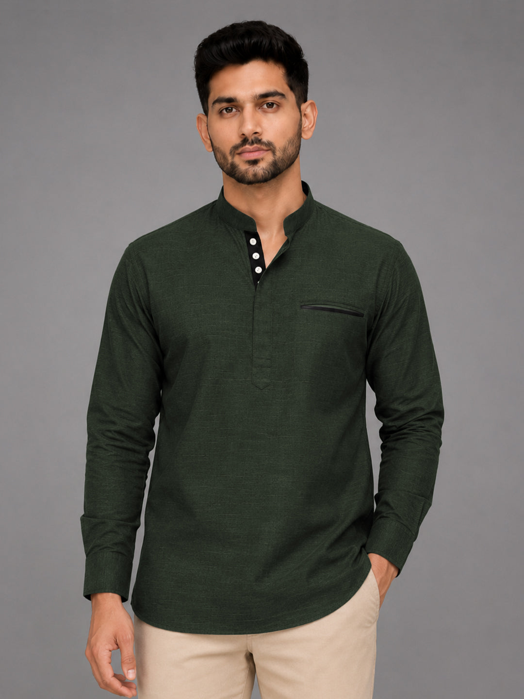 Urban Fit Bottle Green Short Linen Kurta For Men