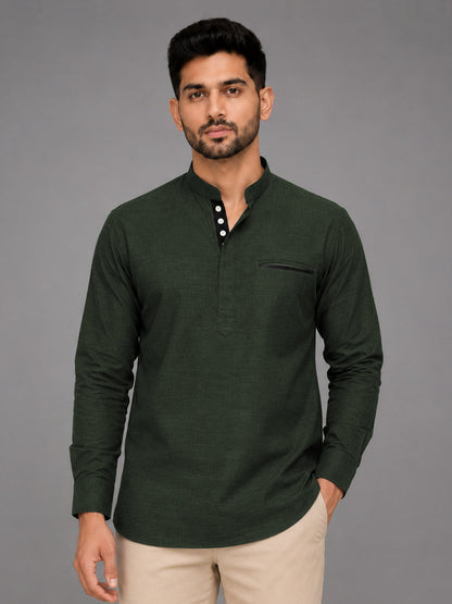 Urban Fit Bottle Green Short Linen Kurta For Men