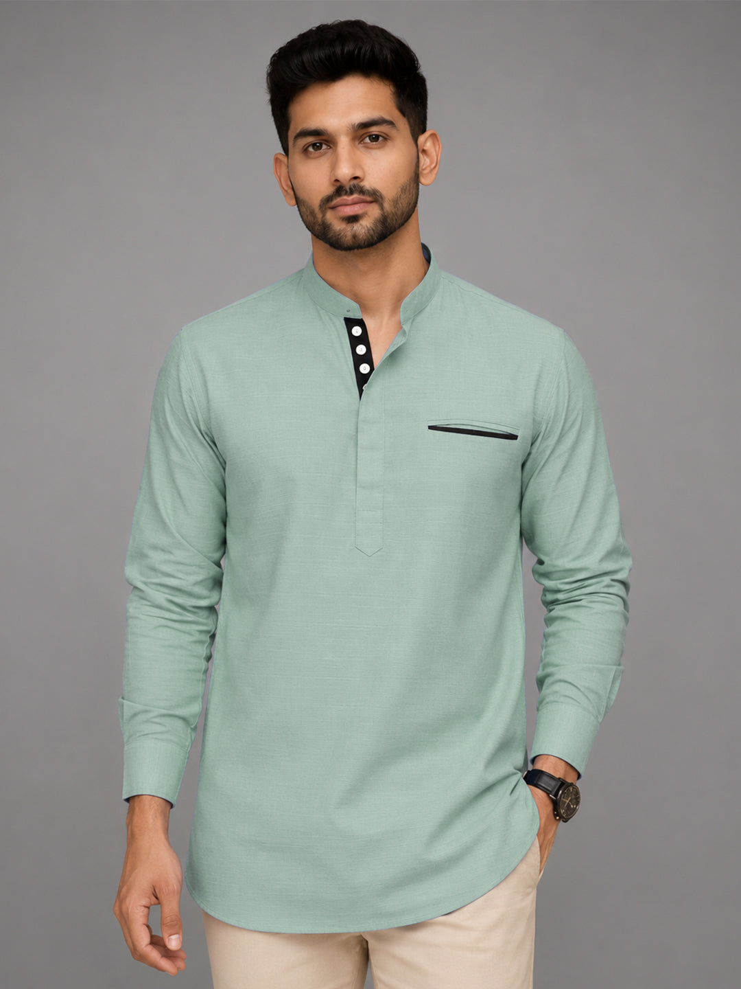 Urban Fit Sea Green Short Linen Kurta For Men