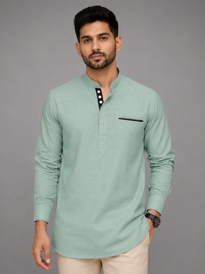 Urban Fit Sea Green Short Linen Kurta For Men
