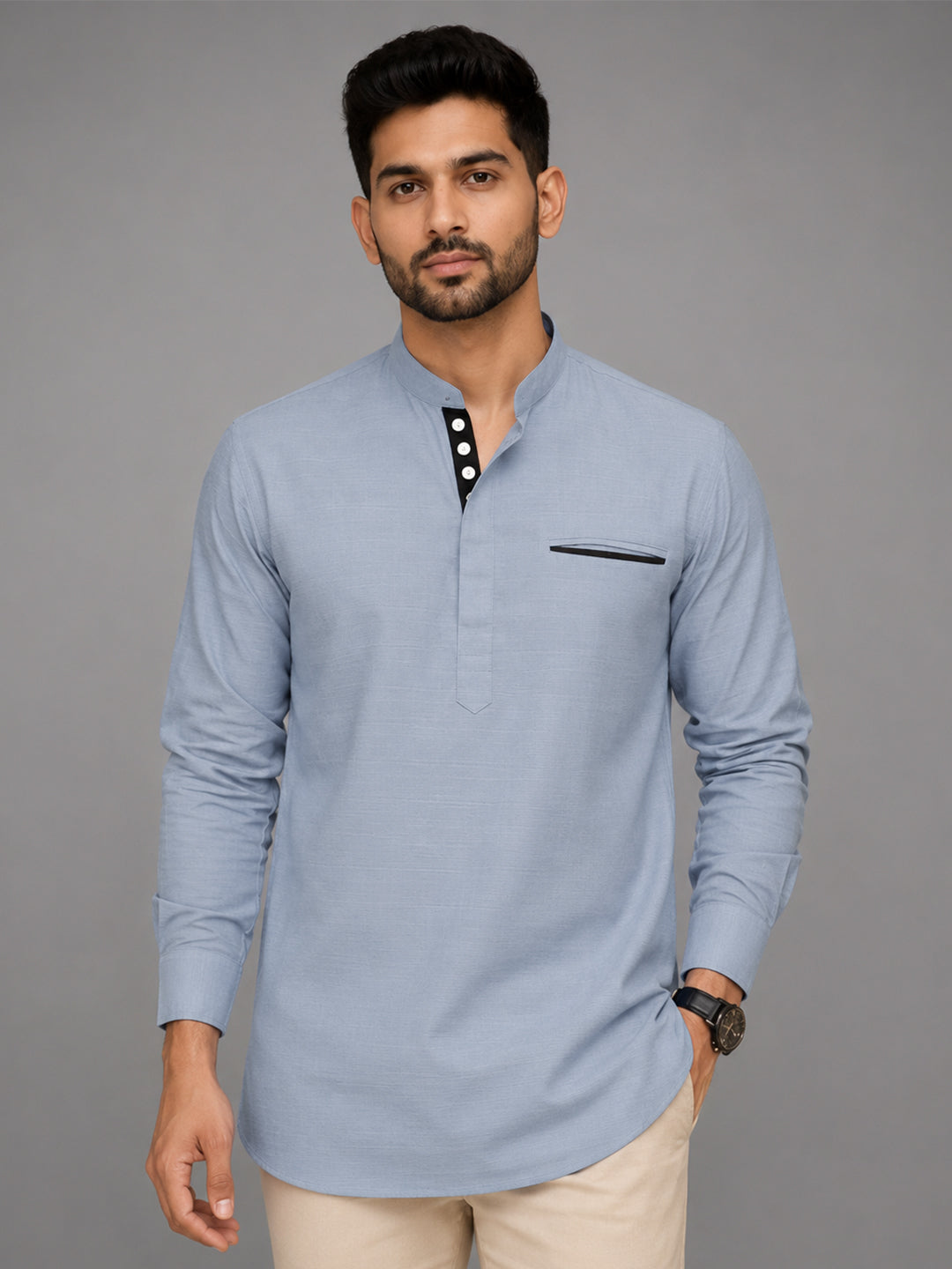 Urban Fit Light Blue Short Linen Kurta For Men