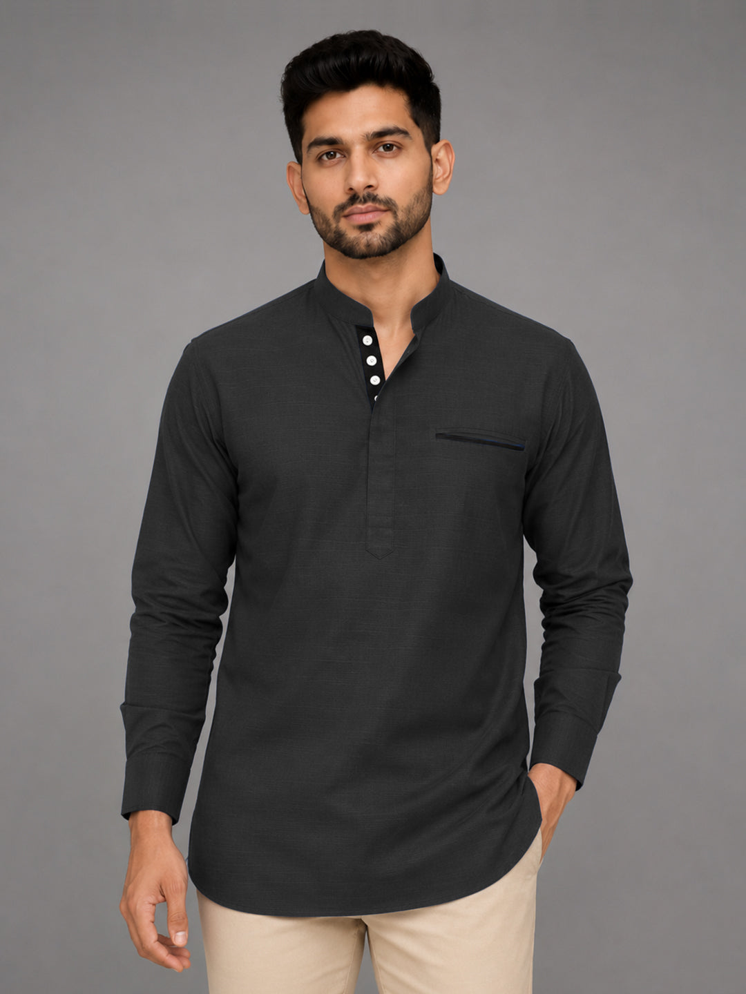 Urban Fit Dark Grey Short Linen Kurta For Men
