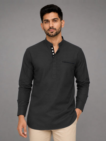 Urban Fit Dark Grey Short Linen Kurta For Men