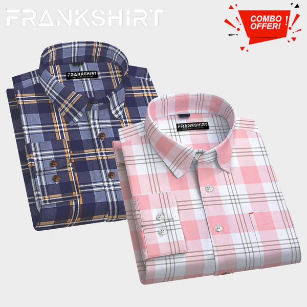 Pack of 2 Cotton Check Shirt for Man (Blue Grey and White Pink)