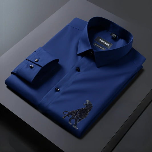 Leopard Designer Premium Cotton With Pocket Solid Shirt for Man (Navy Blue)