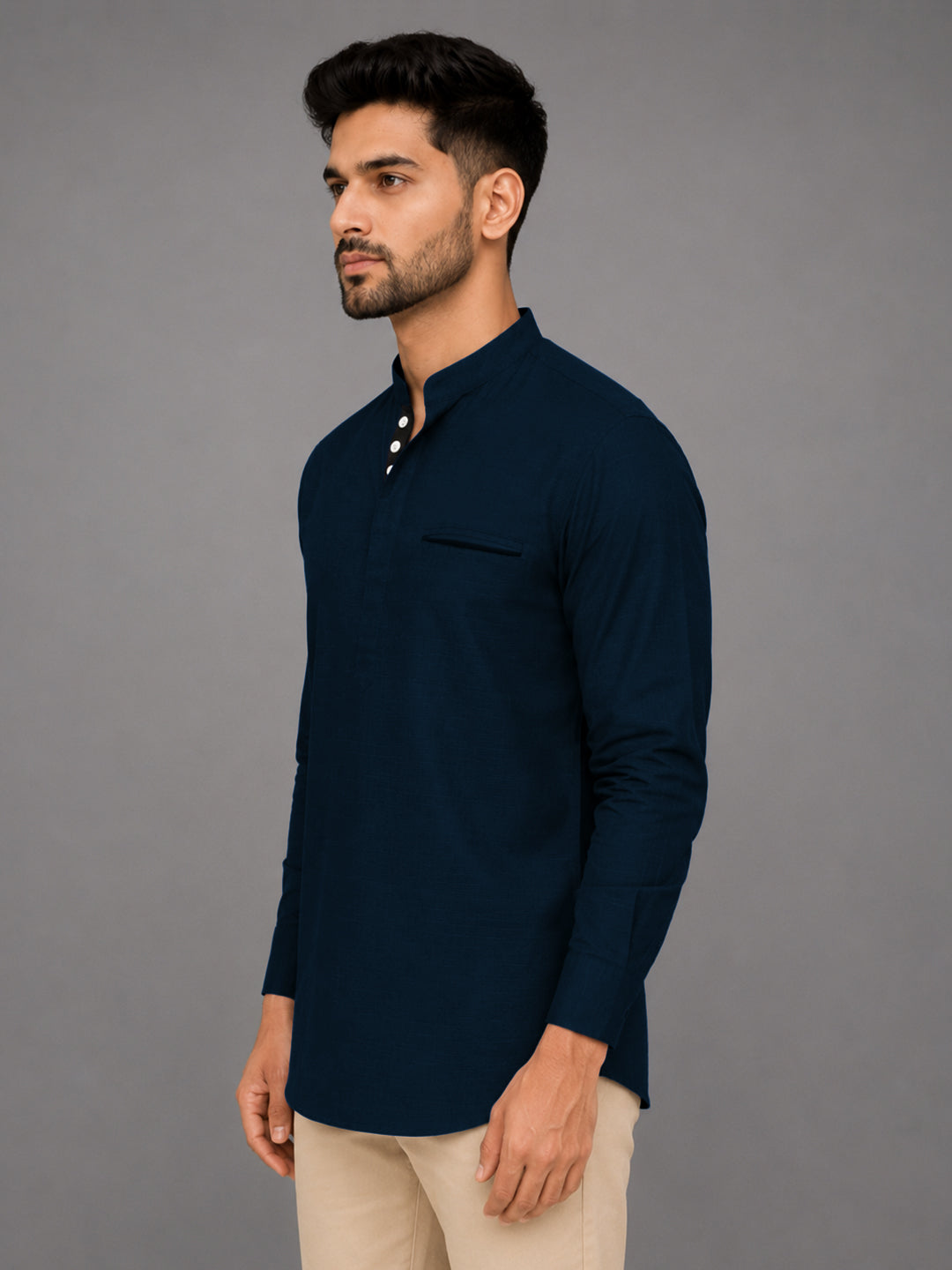 Urban Fit Navy Blue Short Linen Kurta For Men
