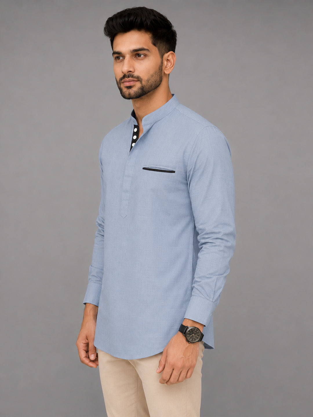 Urban Fit Light Blue Short Linen Kurta For Men