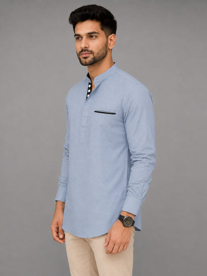 Urban Fit Light Blue Short Linen Kurta For Men