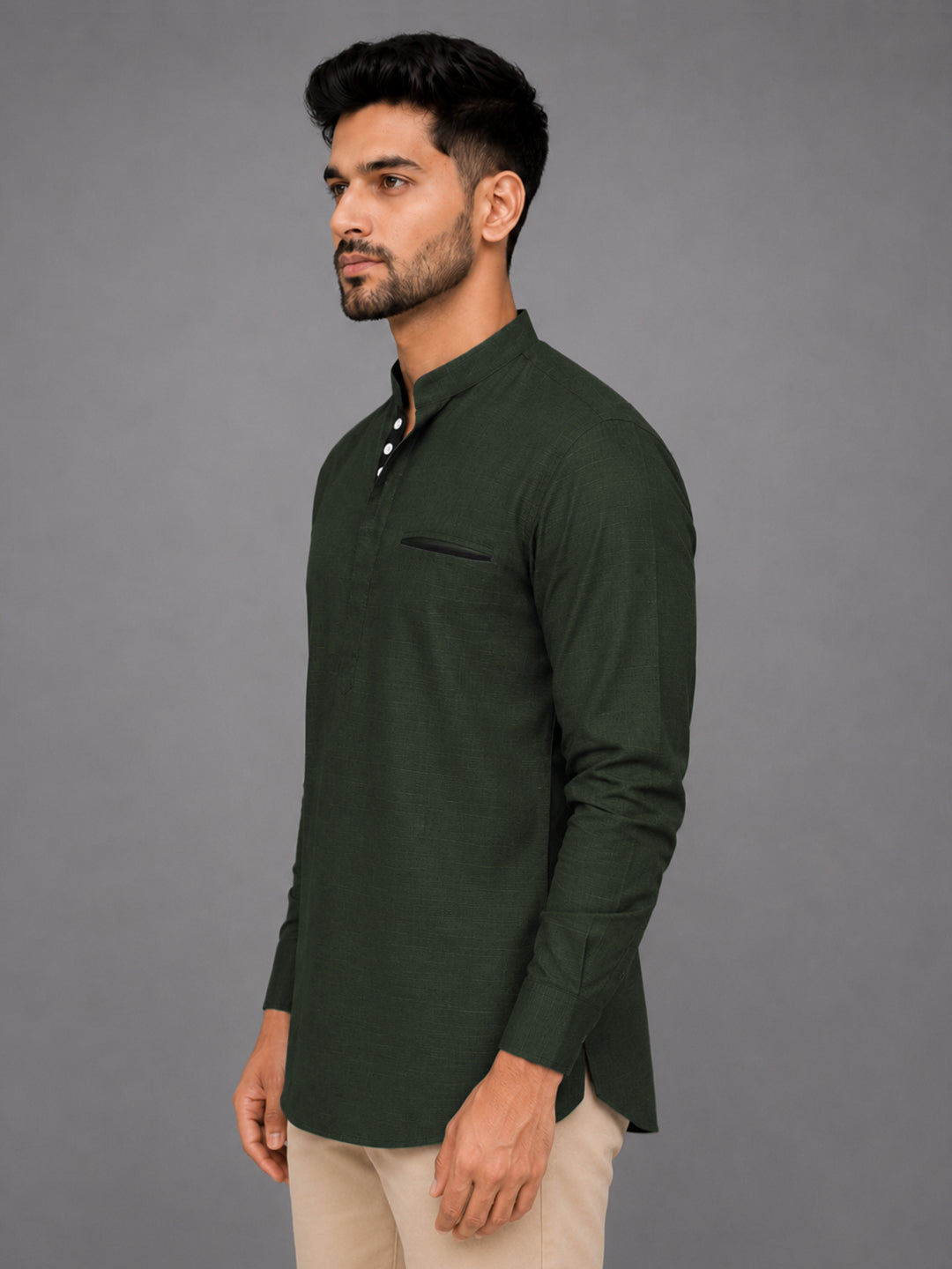 Urban Fit Bottle Green Short Linen Kurta For Men