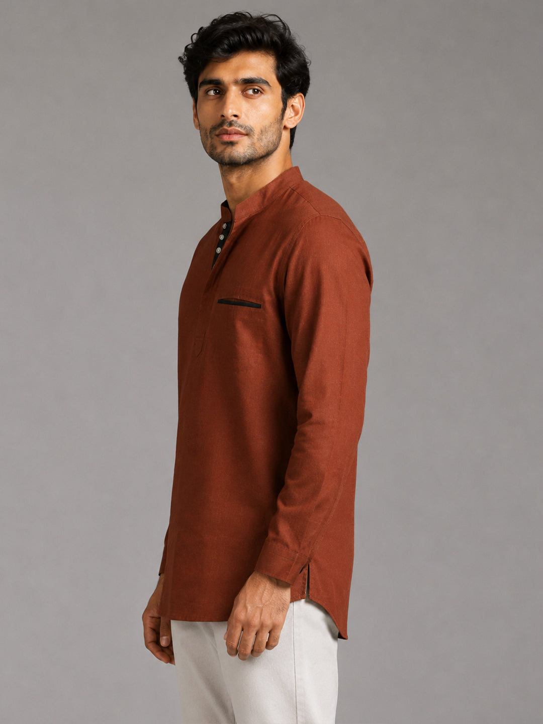 Urban Fit Maroon Short Linen Kurta For Men
