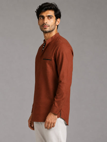 Urban Fit Maroon Short Linen Kurta For Men