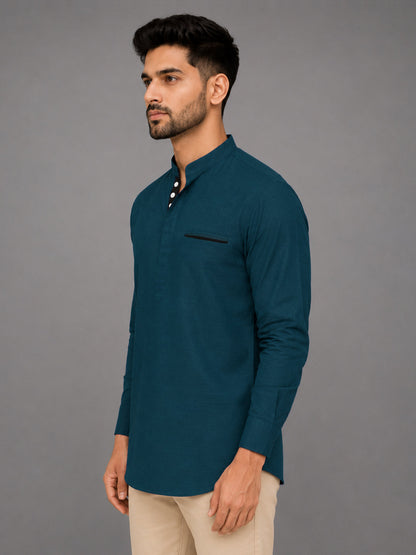 Urban Fit Royal Blue Short Linen Kurta For Men