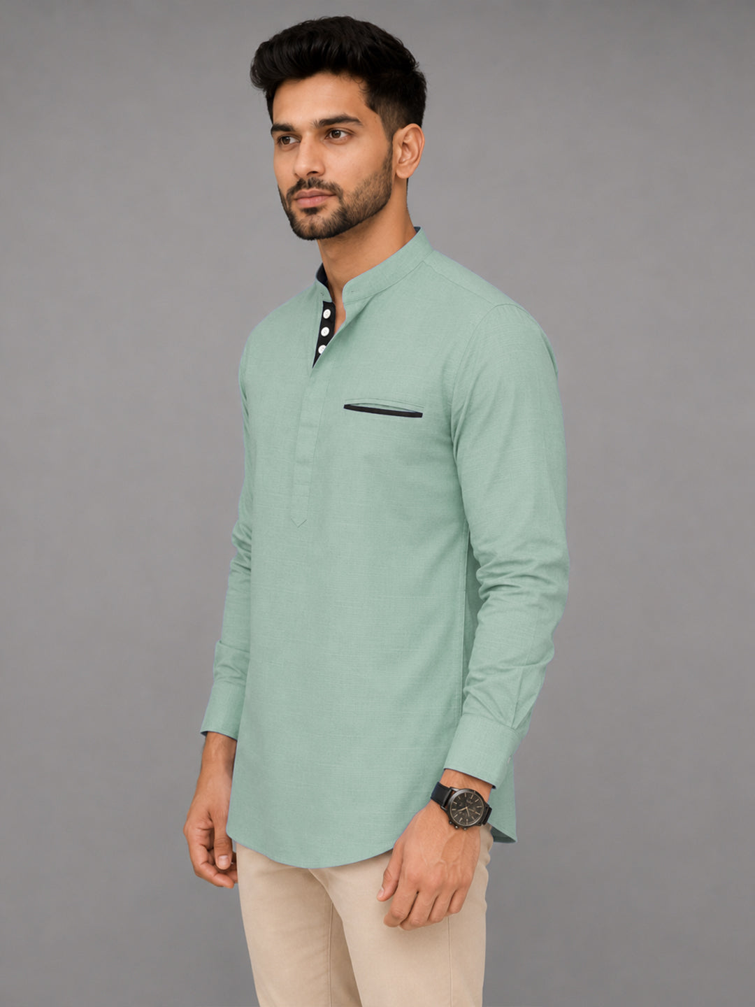 Urban Fit Sea Green Short Linen Kurta For Men