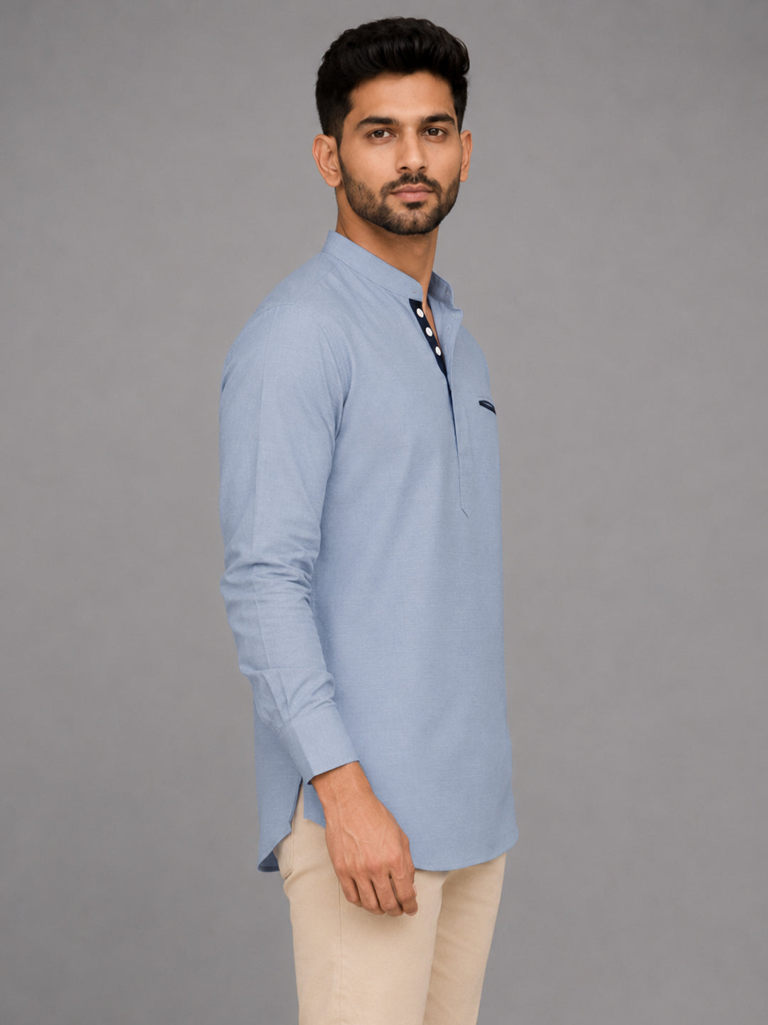 Urban Fit Light Blue Short Linen Kurta For Men