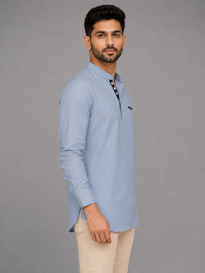 Urban Fit Light Blue Short Linen Kurta For Men