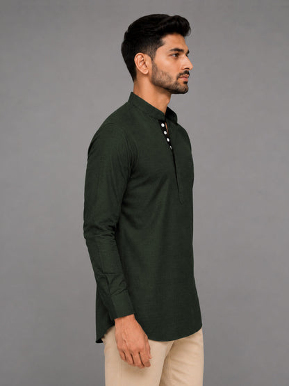 Urban Fit Bottle Green Short Linen Kurta For Men