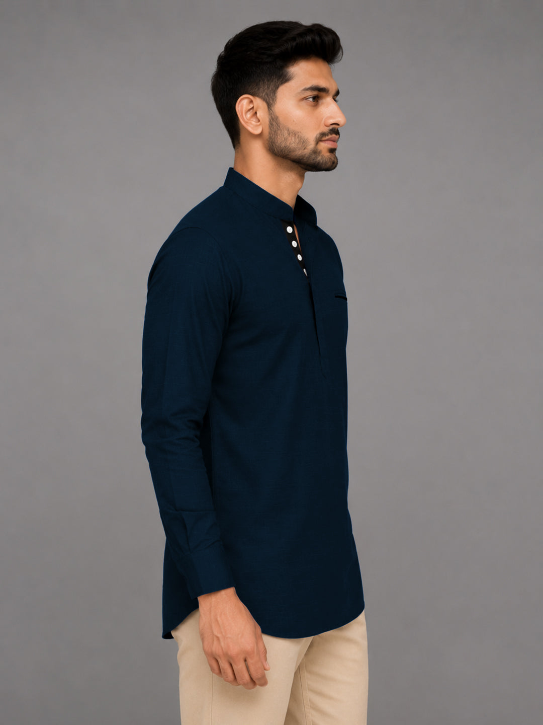 Urban Fit Navy Blue Short Linen Kurta For Men