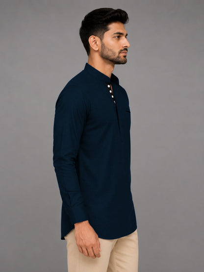 Urban Fit Navy Blue Short Linen Kurta For Men