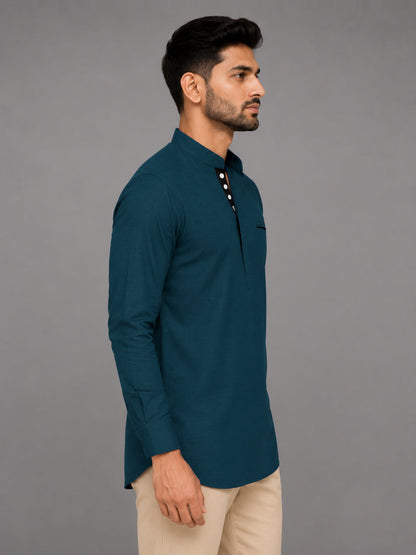Urban Fit Royal Blue Short Linen Kurta For Men