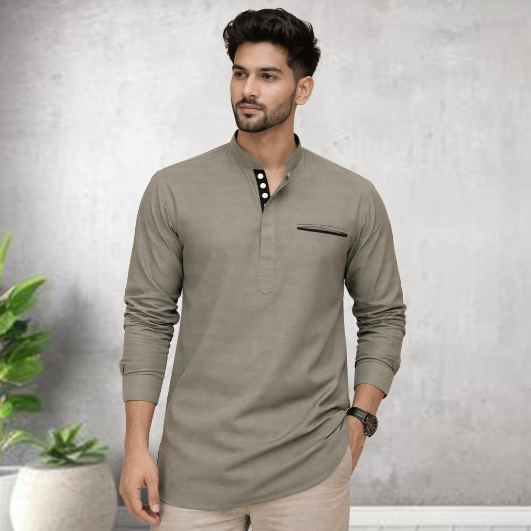 Urban Fit Olive Short Linen Kurta For Men
