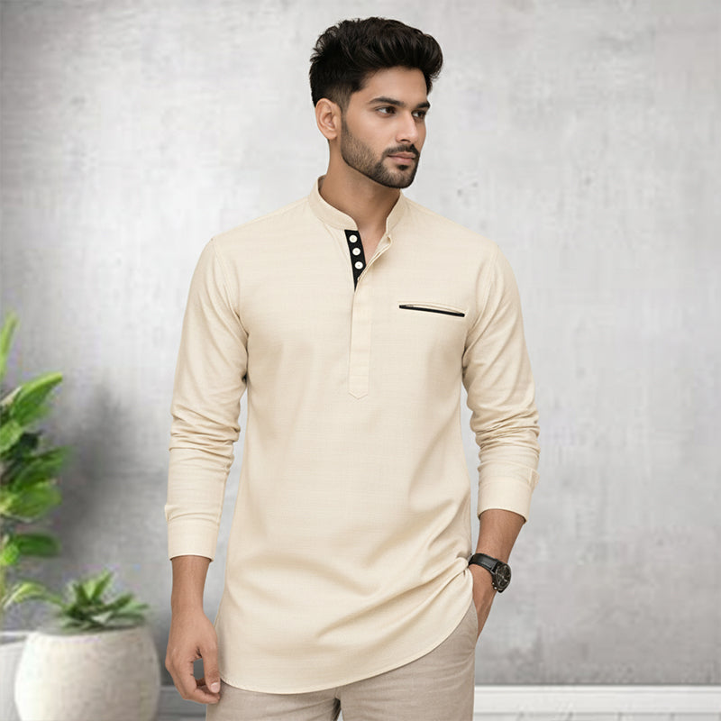 Urban Fit Cream Short Linen Kurta For Men