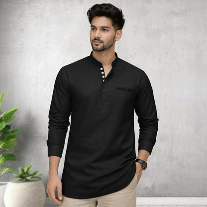 Urban Fit Black Short Linen Kurta For Men