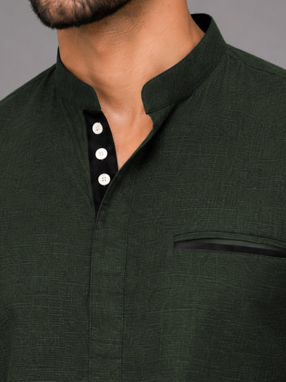 Urban Fit Bottle Green Short Linen Kurta For Men