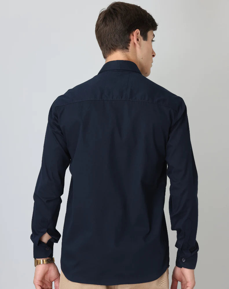 Plain Cotton Blend Solid Shirts (Navy Blue)