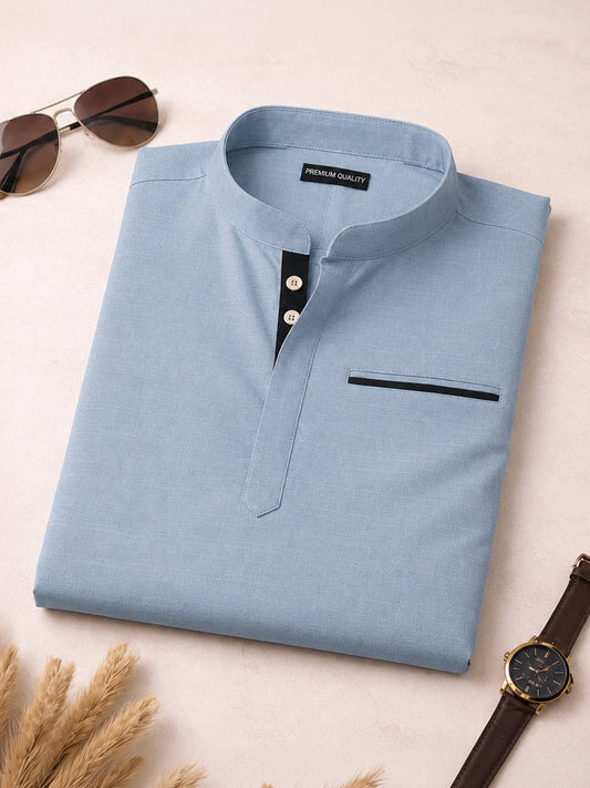 Urban Fit Light Blue Short Linen Kurta For Men