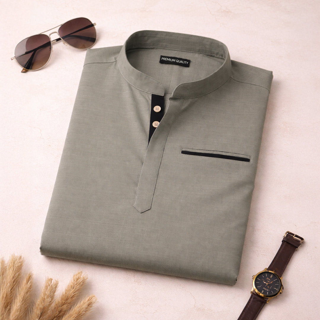Urban Fit Olive Short Linen Kurta For Men