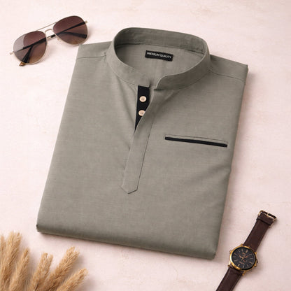 Urban Fit Olive Short Linen Kurta For Men