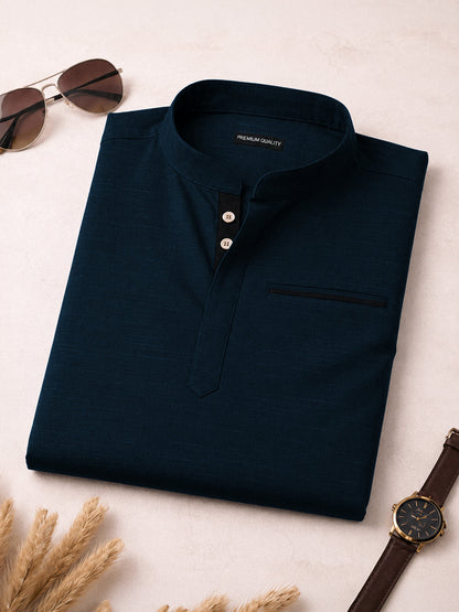 Urban Fit Navy Blue Short Linen Kurta For Men