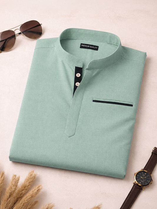 Urban Fit Sea Green Short Linen Kurta For Men