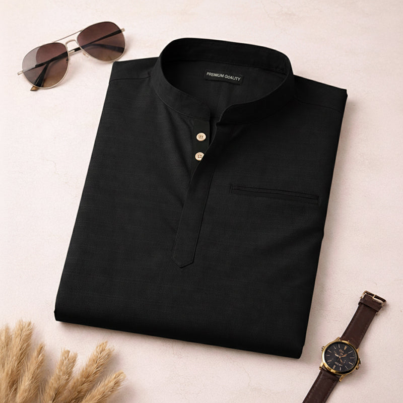 Urban Fit Black Short Linen Kurta For Men