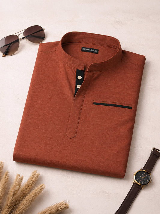 Urban Fit Maroon Short Linen Kurta For Men