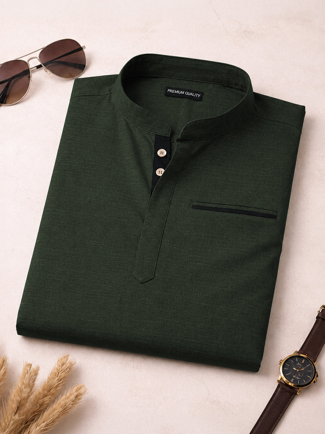 Urban Fit Bottle Green Short Linen Kurta For Men