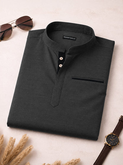 Urban Fit Dark Grey Short Linen Kurta For Men