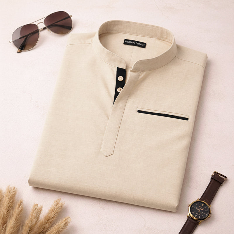 Urban Fit Cream Short Linen Kurta For Men
