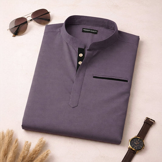 Urban Fit Purple Short Linen Kurta For Men