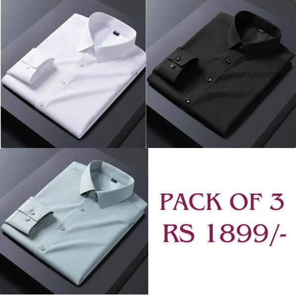 Three cotton shirts displayed in a pack of three, with colors white, black, and pink (not visible in the image). The shirts are presented in a folded position and the pack is advertised with a price tag.