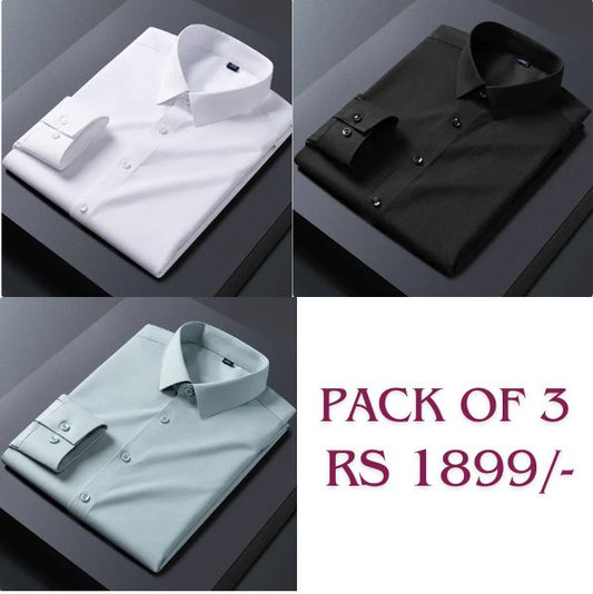 Three cotton shirts displayed in a pack of three, with colors white, black, and pink (not visible in the image). The shirts are presented in a folded position and the pack is advertised with a price tag.